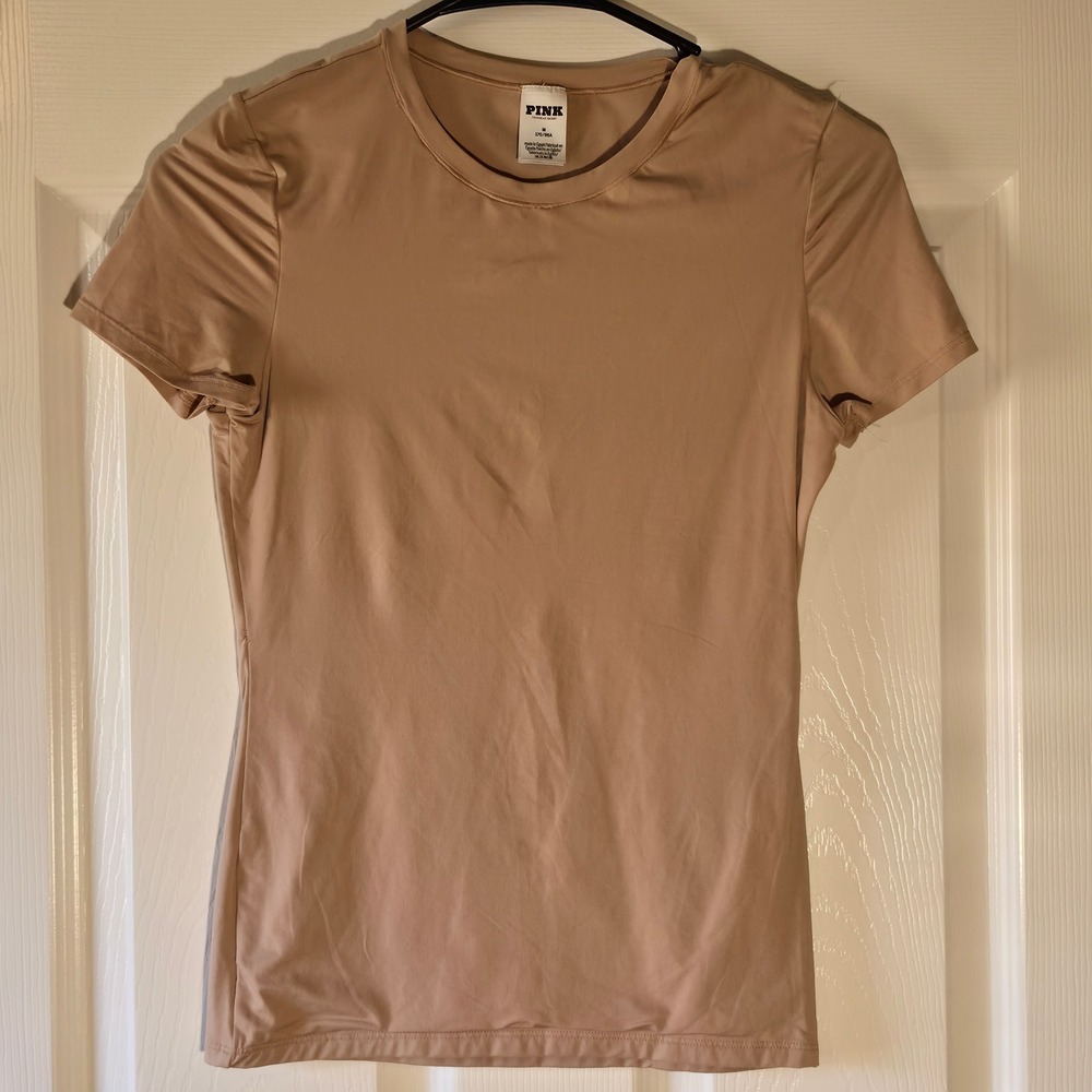 VS PINK Nude Beige Fitted Short Sleeve Medium Back Script Logo Base Layer